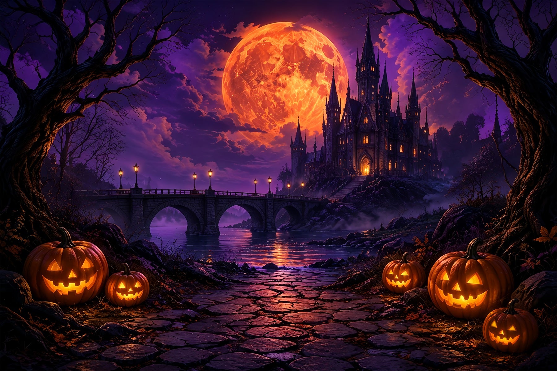 Scary Halloween Photo Backdrops Fiery Moon Gothic Castle Happy Halloween Backdrop ZTT67-17