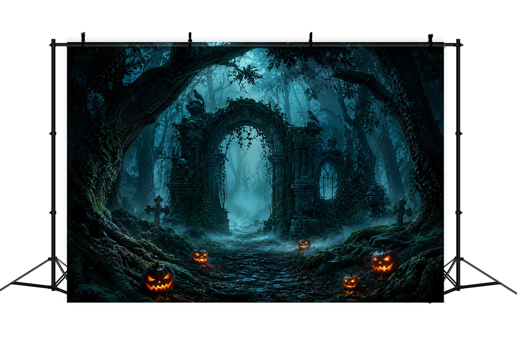 Halloween Forest Backdrop Foggy Pumpkin Woods Ruins Vintage Halloween Backdrop ZTT67-2