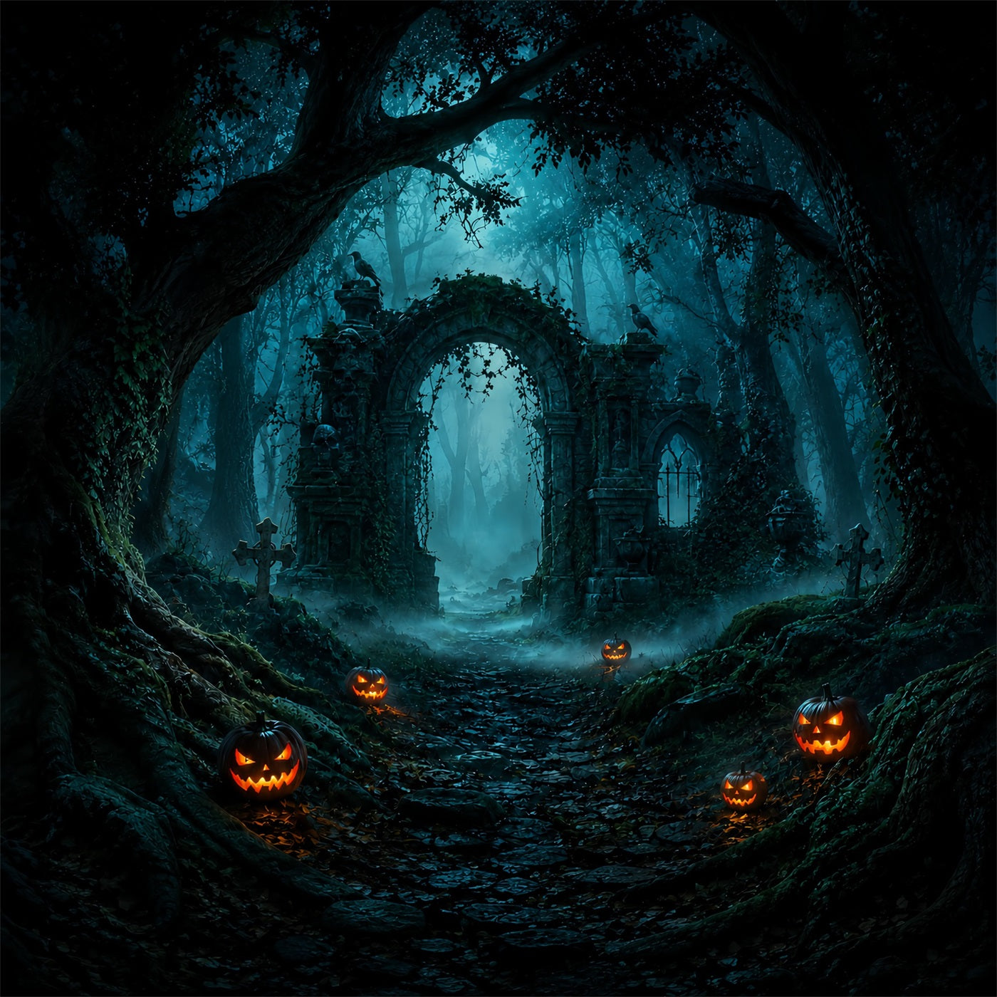 Halloween Forest Backdrop Foggy Pumpkin Woods Ruins Vintage Halloween Backdrop ZTT67-2