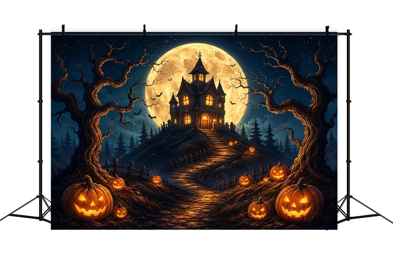 Halloween Backdrop Photos Moonlit Pumpkin Haunted House DIY Halloween Photo Backdrop ZTT67-20