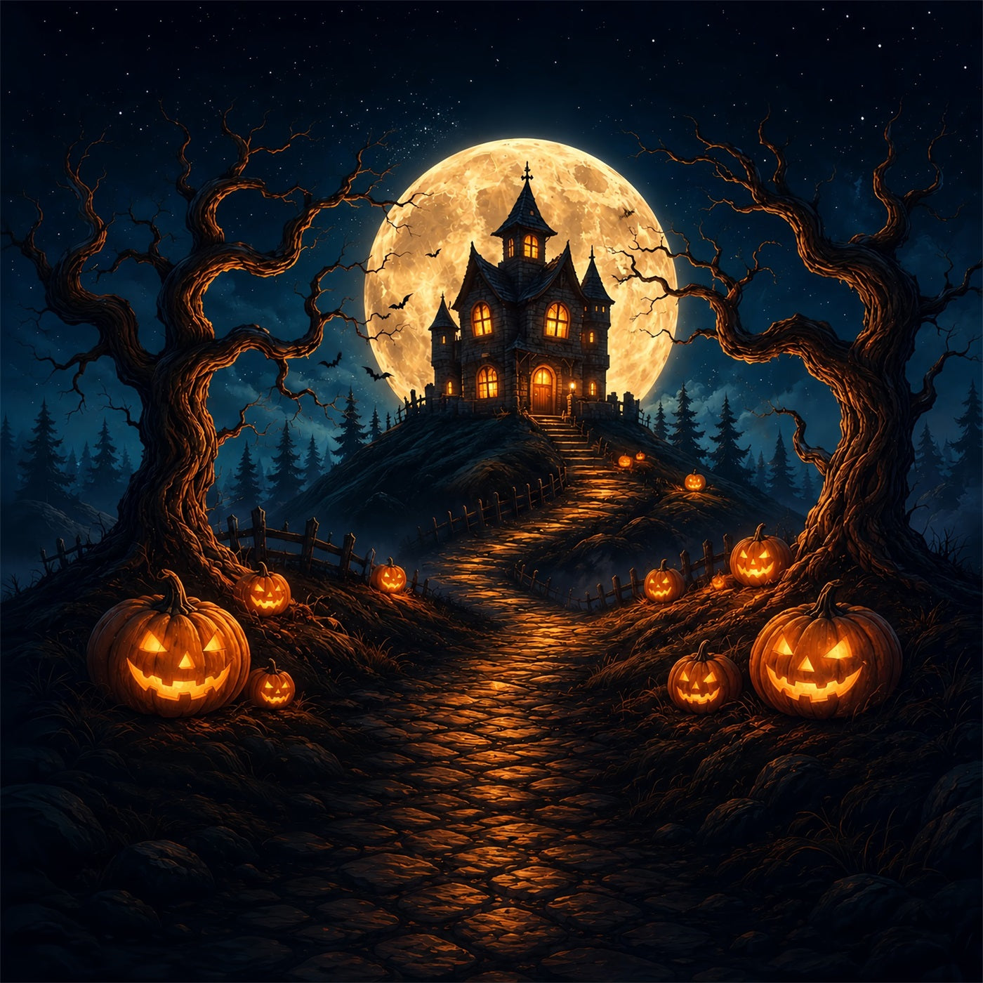 Halloween Backdrop Photos Moonlit Pumpkin Haunted House DIY Halloween Photo Backdrop ZTT67-20