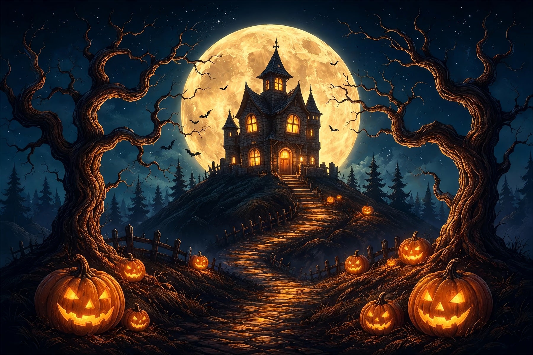 Halloween Backdrop Photos Moonlit Pumpkin Haunted House DIY Halloween Photo Backdrop ZTT67-20