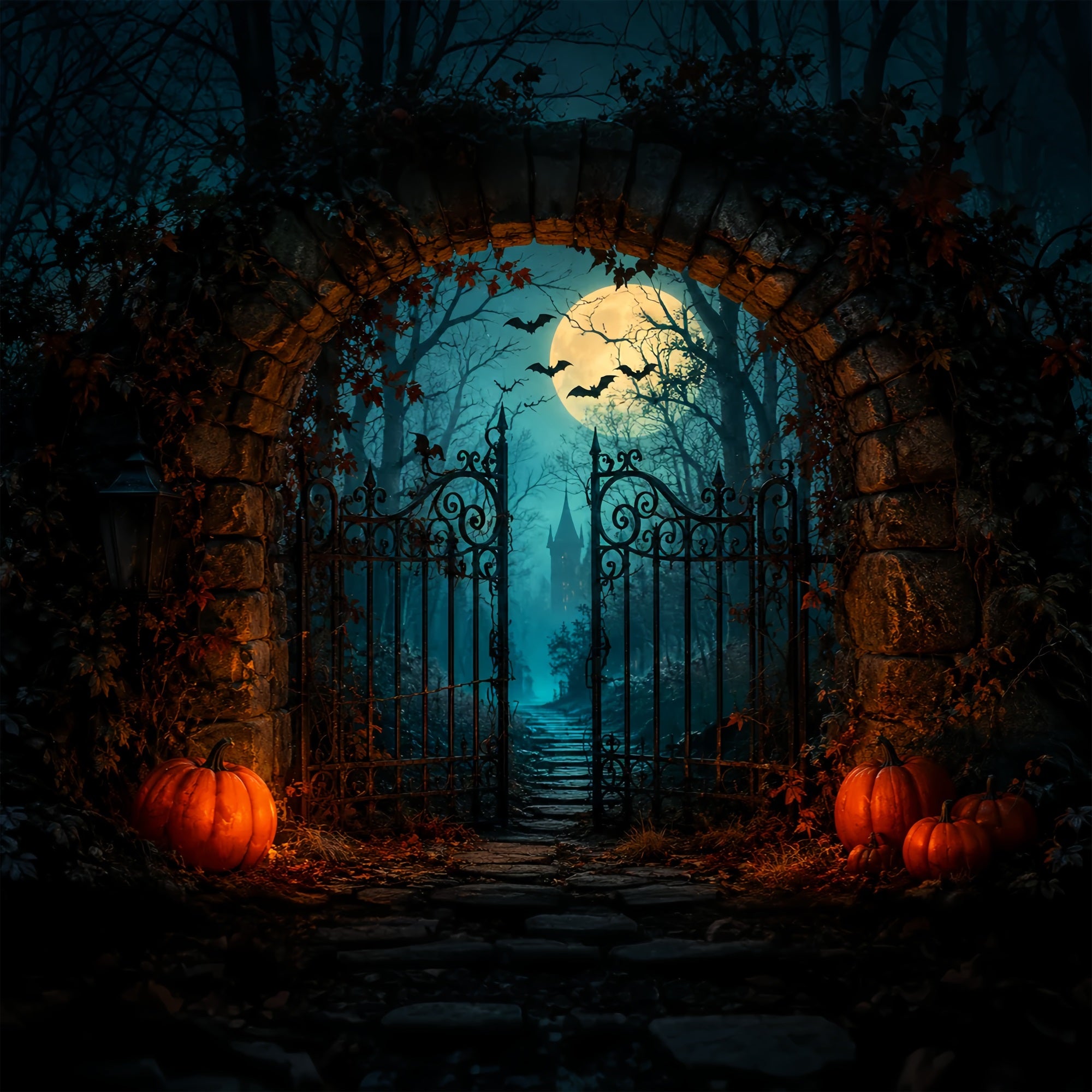 Halloween Themed Backdrops Moonlit Pumpkin Castle Gateway Halloween Backdrop Ideas ZTT67-25