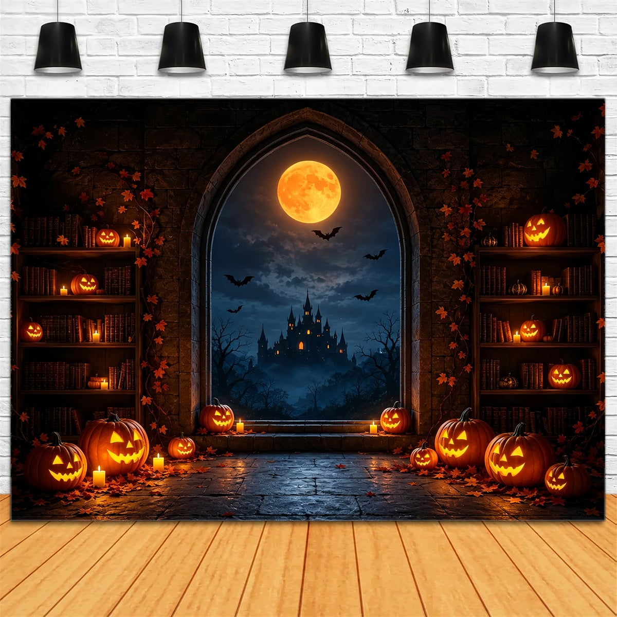 Halloween Moon Backdrop Pumpkin Library Castle Window Halloween Photo Backdrops ZTT67-28