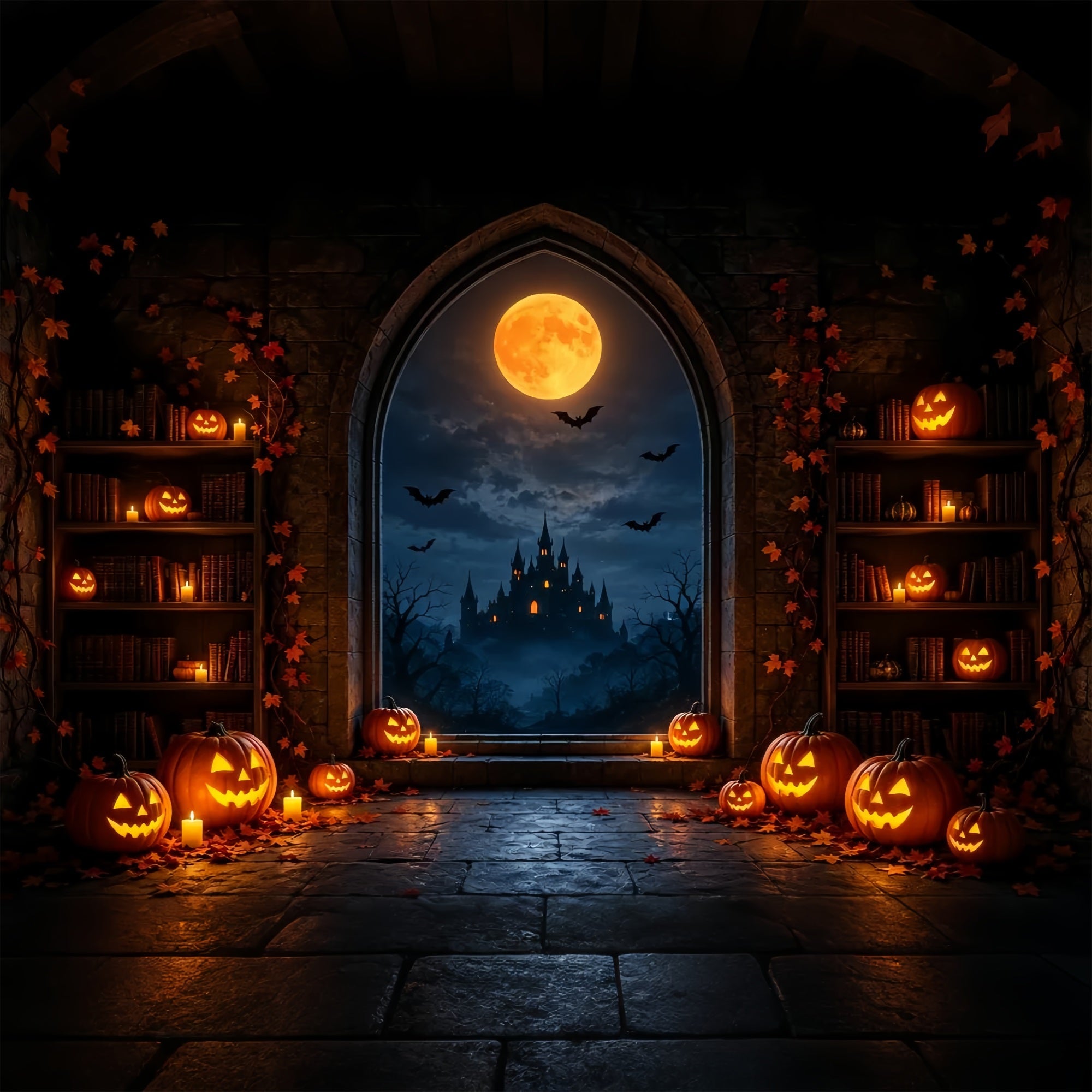 Halloween Moon Backdrop Pumpkin Library Castle Window Halloween Photo Backdrops ZTT67-28