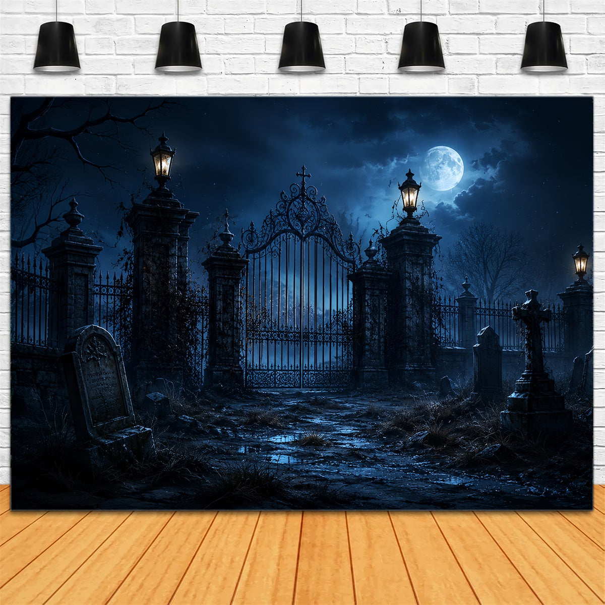 Outdoor Halloween Backdrop Moonlit Gothic Graveyard Gate Spooky Halloween Backdrop ZTT67-29