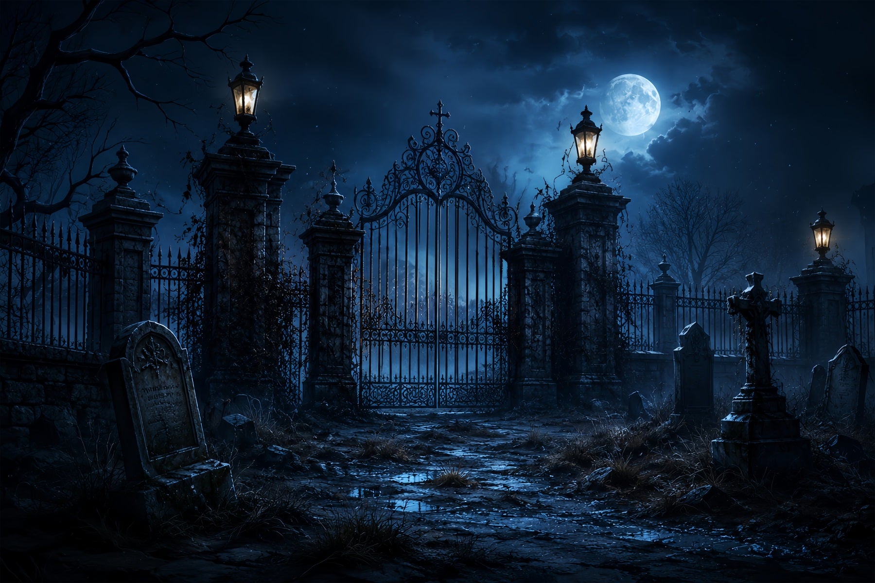 Outdoor Halloween Backdrop Moonlit Gothic Graveyard Gate Spooky Halloween Backdrop ZTT67-29
