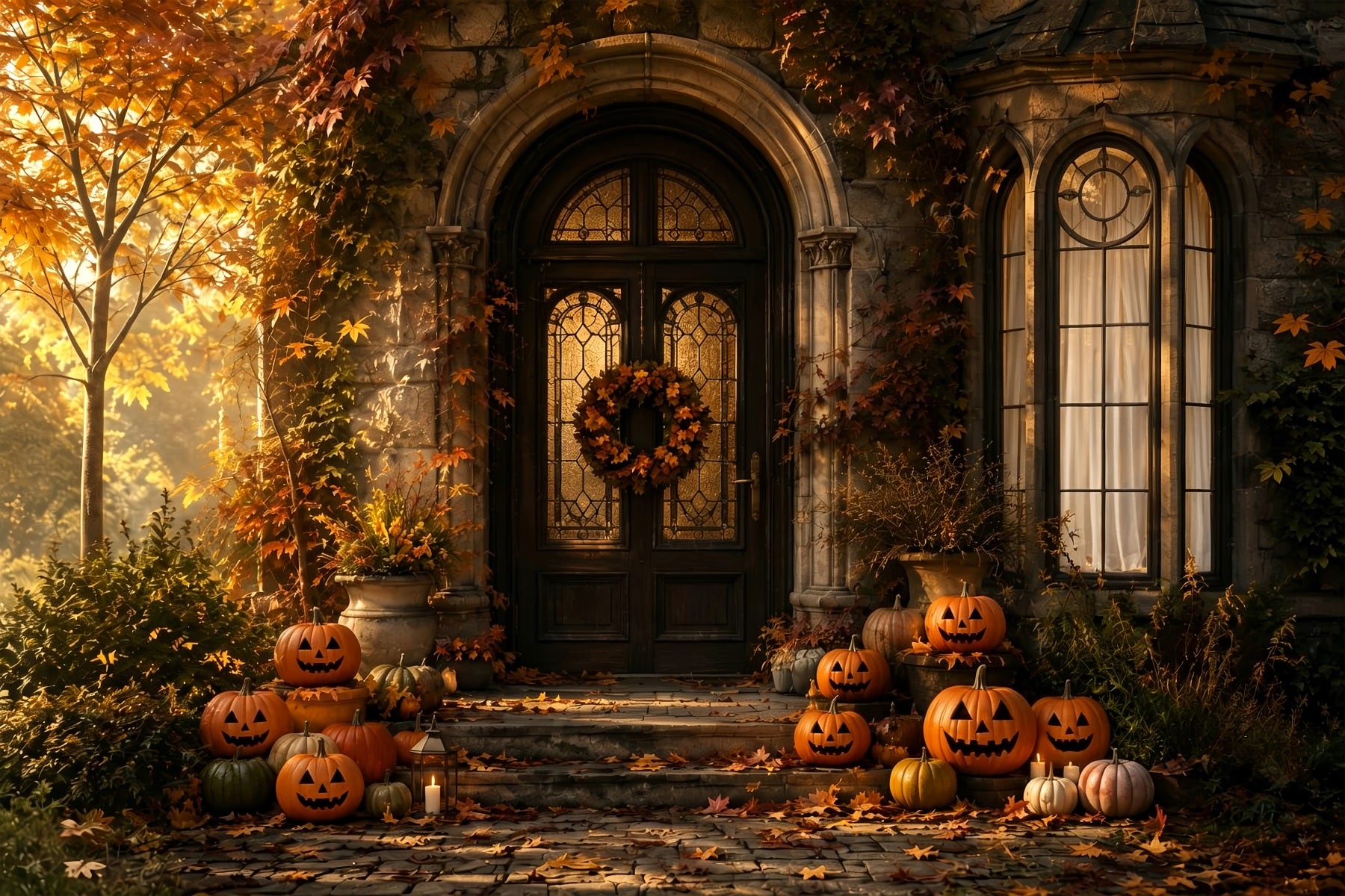 Halloween Outdoor Backdrop Autumn Pumpkin Manor Porch Halloween Backdrops For Photos ZTT67-31