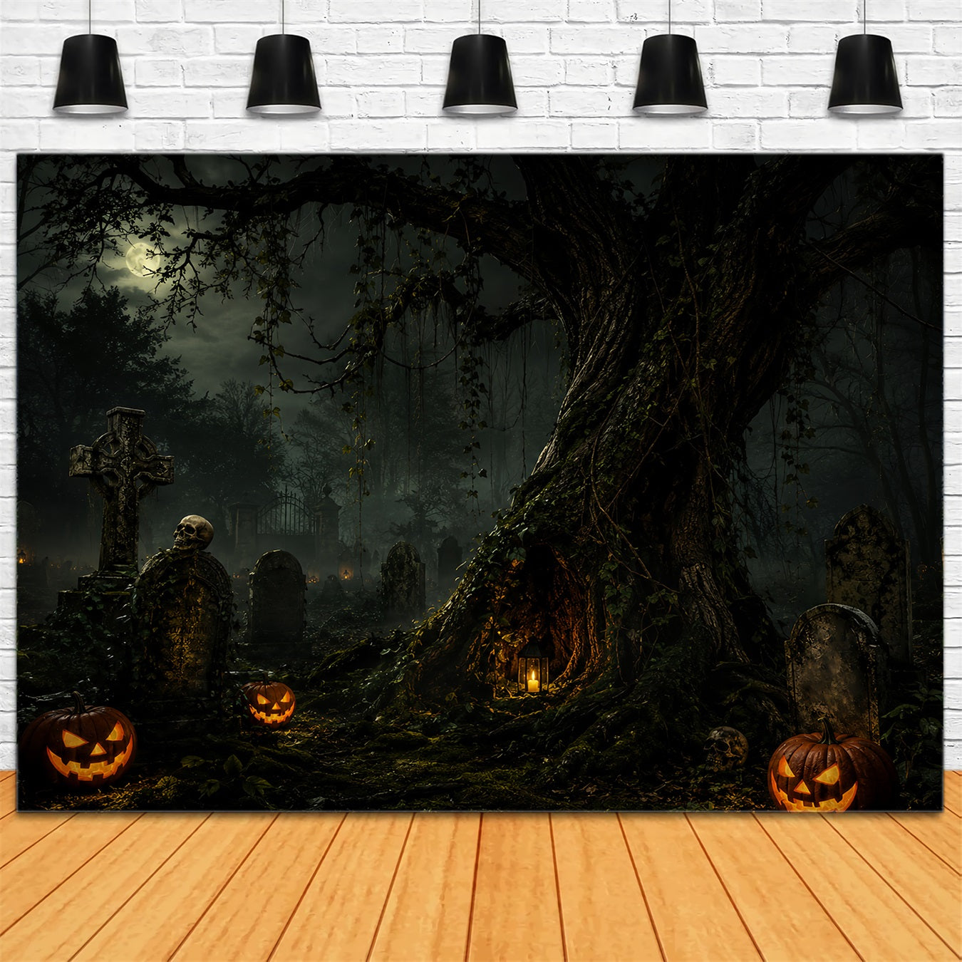 Custom Halloween Backdrop Moonlit Graveyard Pumpkin Tree Halloween Graveyard Backdrop ZTT67-34