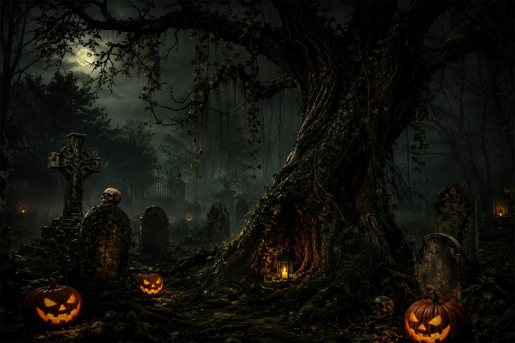 Custom Halloween Backdrop Moonlit Graveyard Pumpkin Tree Halloween Graveyard Backdrop ZTT67-34