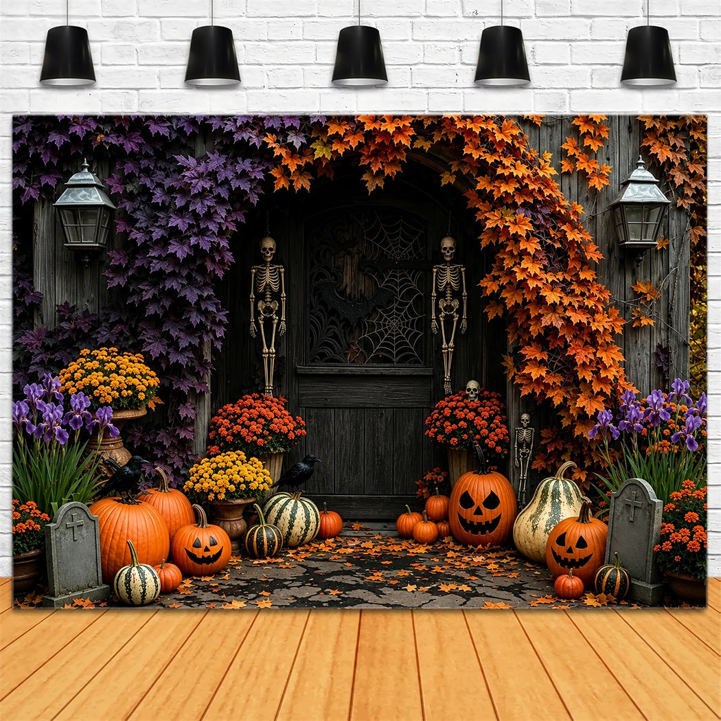 Fall Halloween Backdrop Skeleton Pumpkin Floral Doorway Scary Halloween Backdrops ZTT67-37