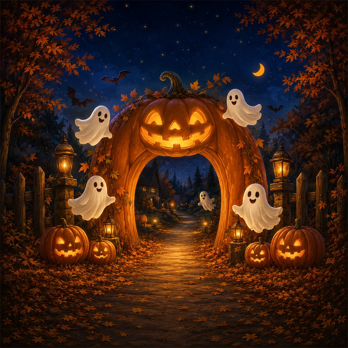 Halloween Ghost Backdrop Fall Pumpkin Lantern Archway Scary Halloween Backdrop ZTT67-38