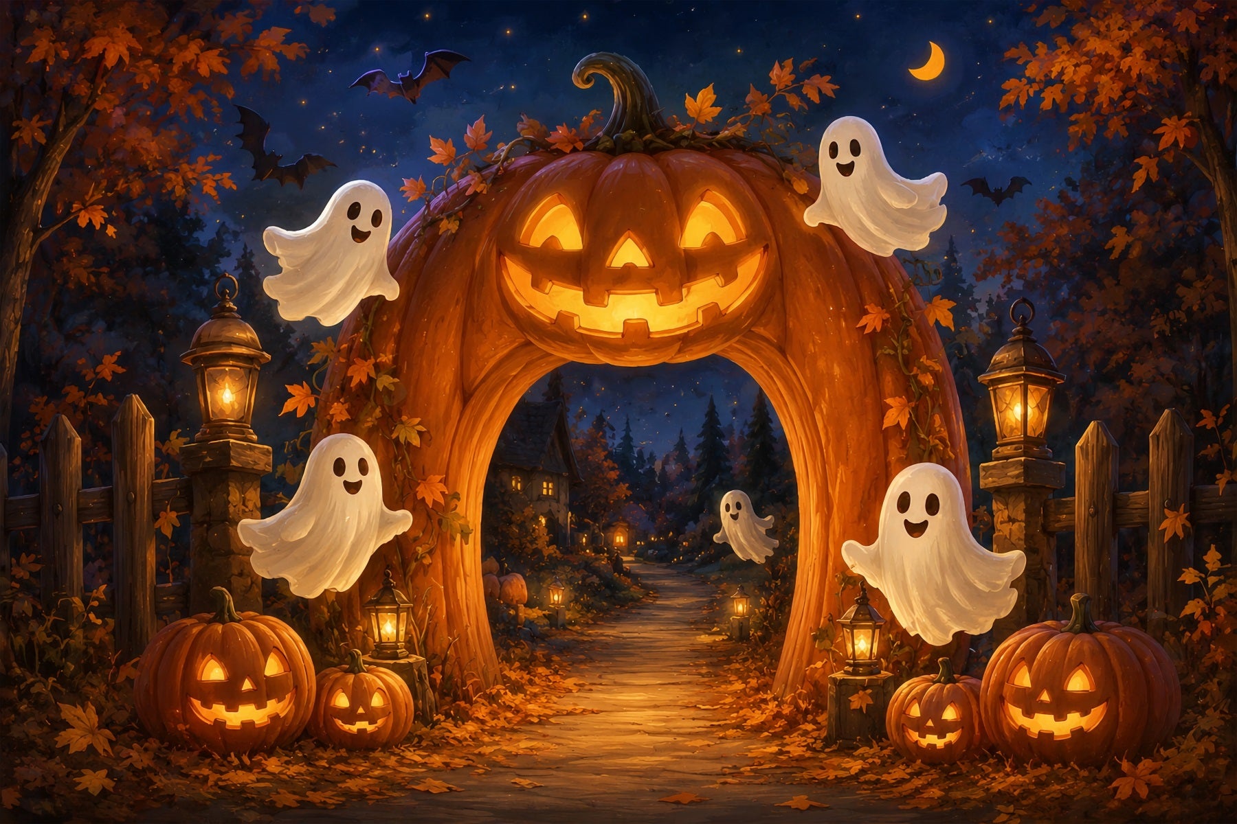 Halloween Ghost Backdrop Fall Pumpkin Lantern Archway Scary Halloween Backdrop ZTT67-38