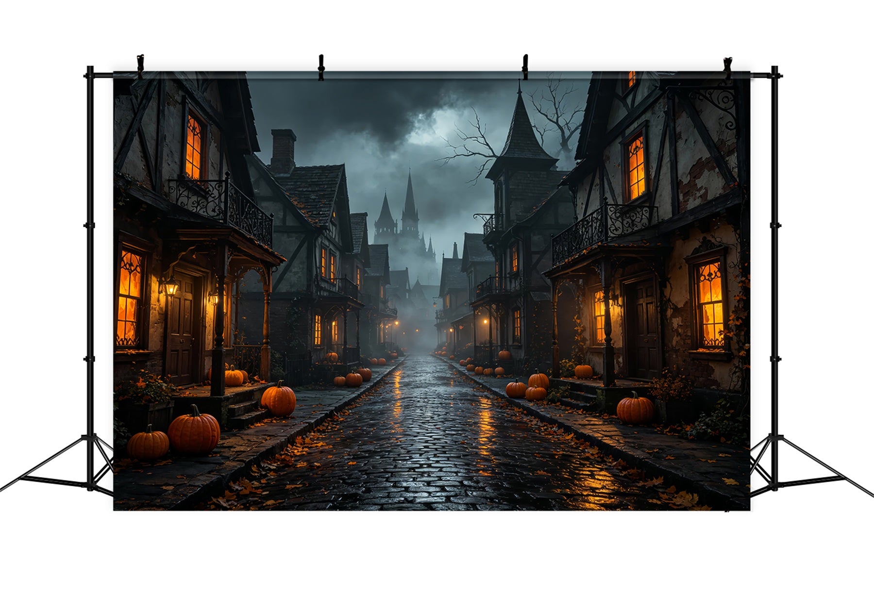 Halloween Cardboard Backdrops Foggy Pumpkin Village Street Halloween Photography Backdrop ZTT67-39