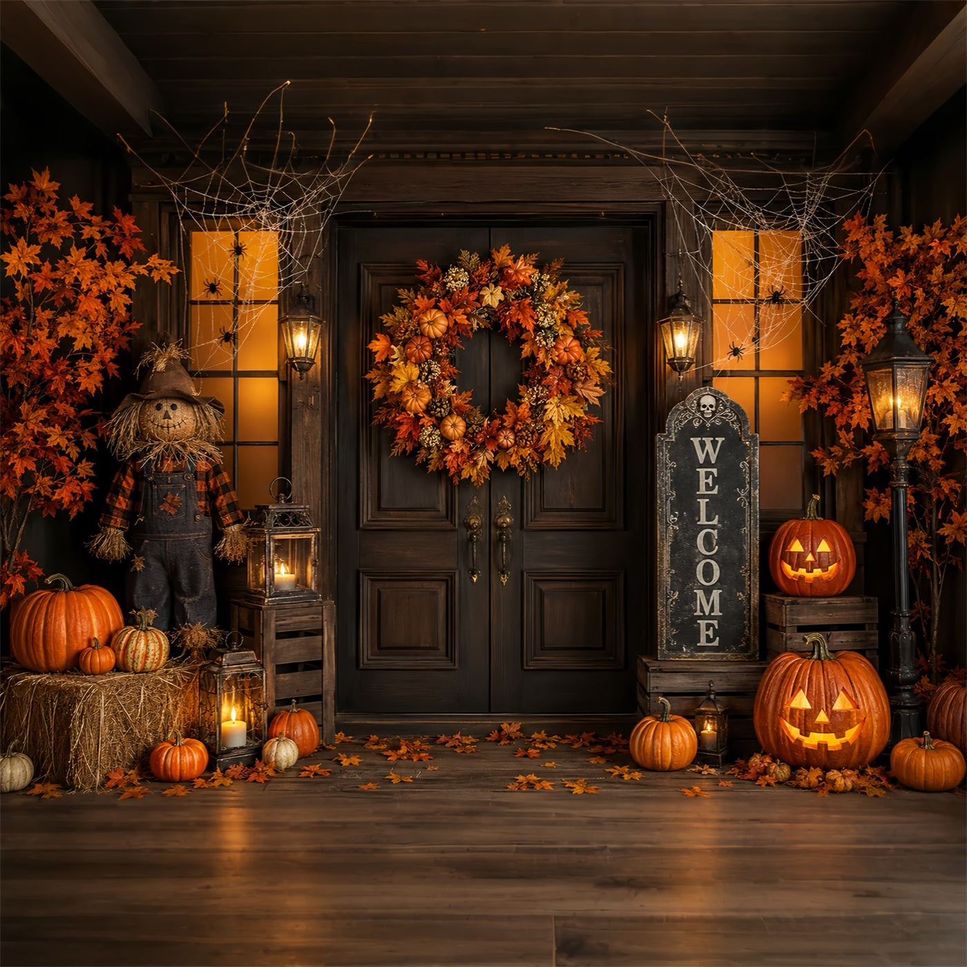 Halloween Backdrop Photo Booth Pumpkin Wreath Scarecrow Porch Backdrops Halloween ZTT67-4