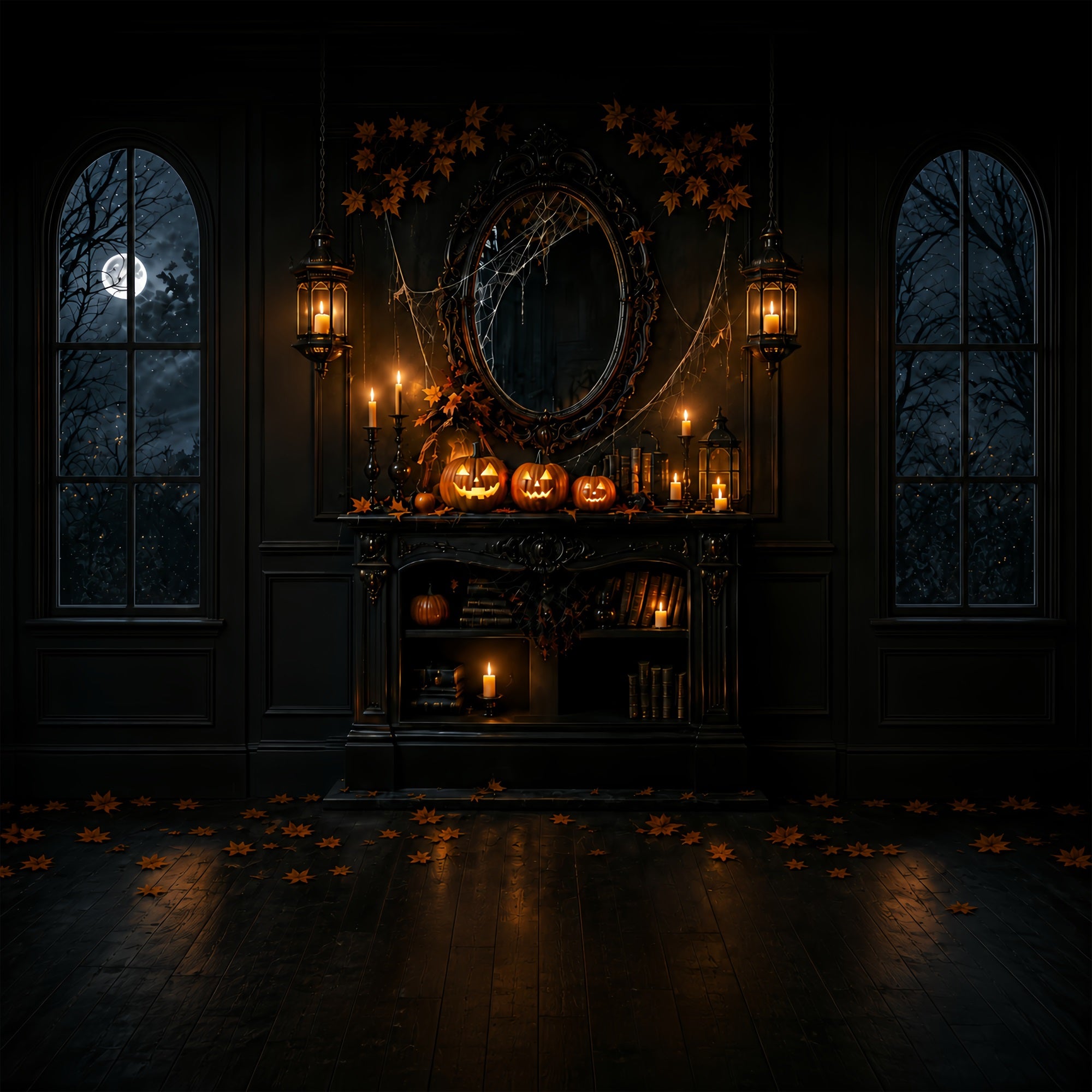 Backdrop Halloween Photo Booth Gothic Pumpkin Candle Mantel Halloween Party Photo Backdrop ZTT67-40