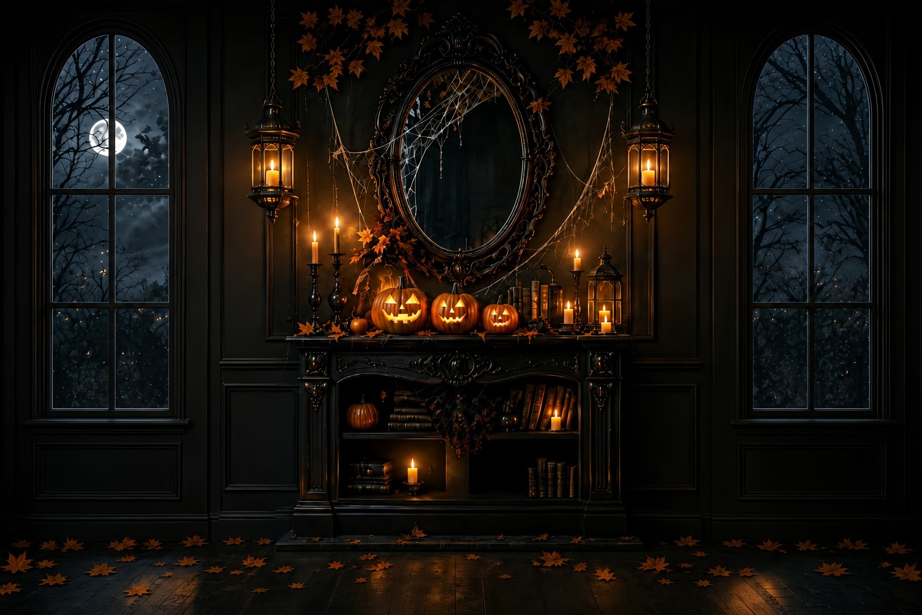 Backdrop Halloween Photo Booth Gothic Pumpkin Candle Mantel Halloween Party Photo Backdrop ZTT67-40