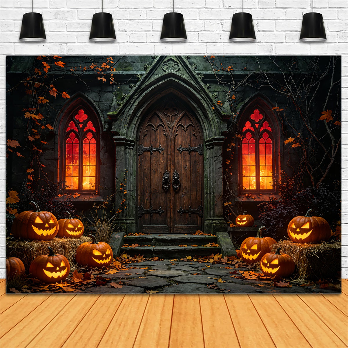 Halloween Backdrop Outdoor Gothic Pumpkin Chapel Entrance Photo Backdrop Halloween ZTT67-41