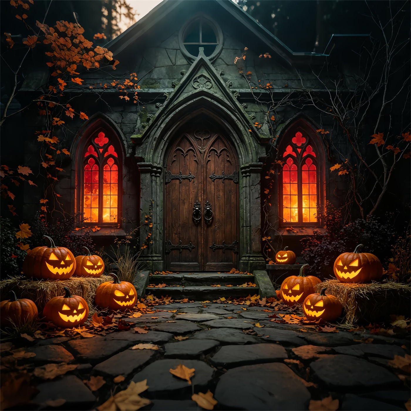 Halloween Backdrop Outdoor Gothic Pumpkin Chapel Entrance Photo Backdrop Halloween ZTT67-41