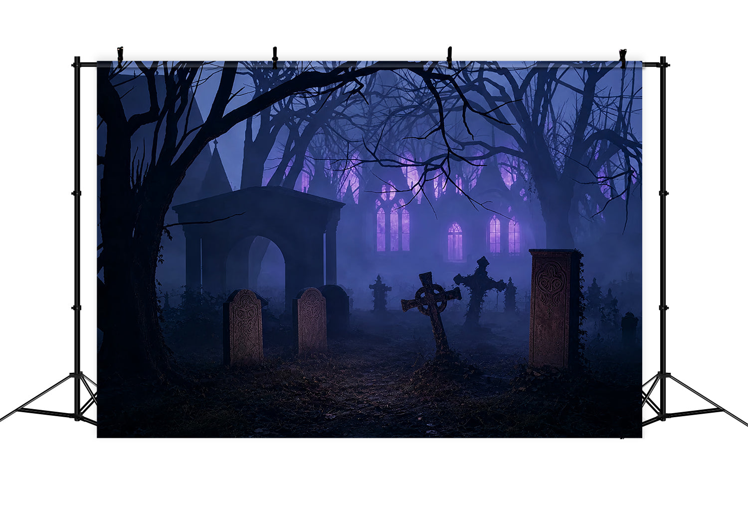 Halloween Graveyard Backdrops Foggy Purple Graveyard Ruins Photo Booth Halloween Backdrop ZTT67-42