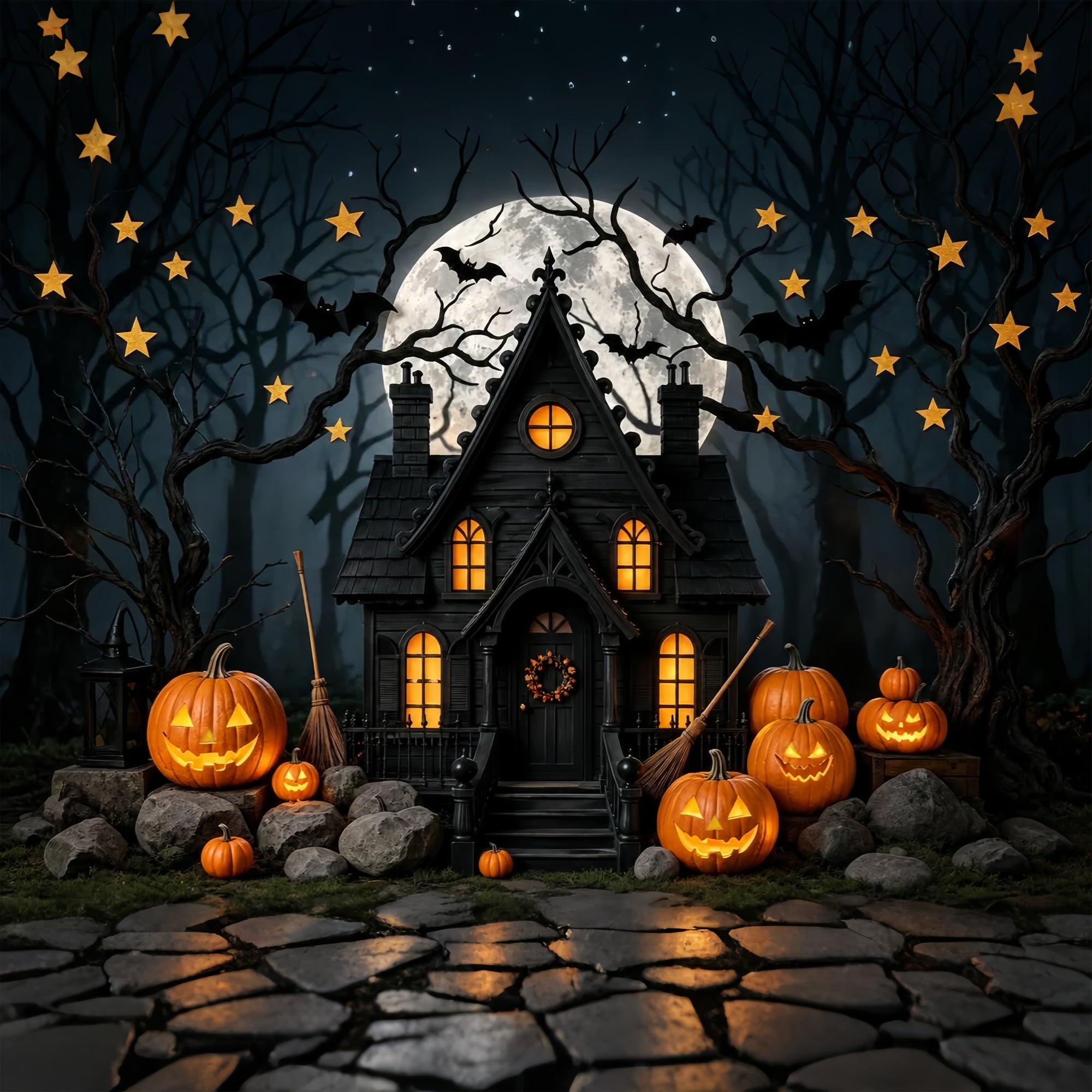 Halloween Backdrop For Photo Booth Moonlit Pumpkin Haunted Cottage Cute Halloween Backdrop ZTT67-43
