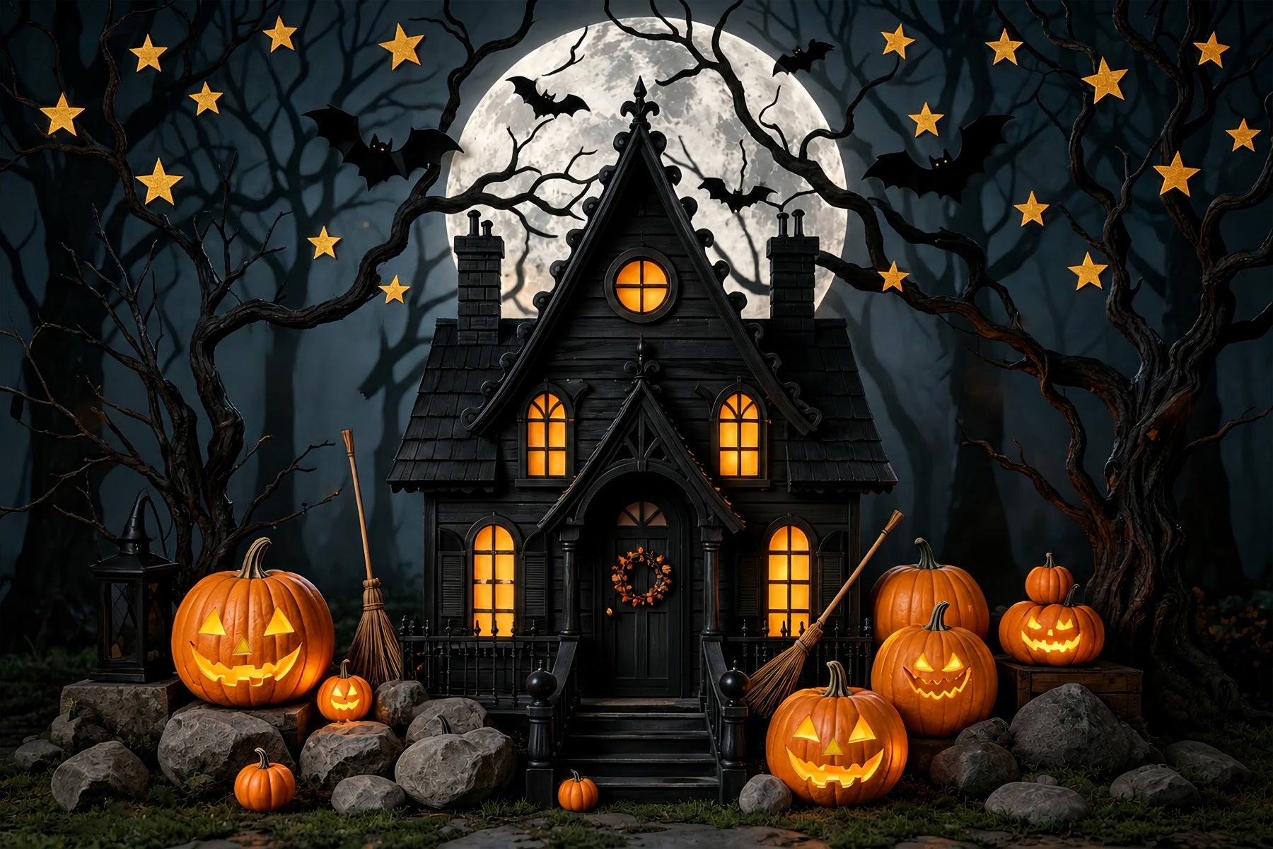 Halloween Backdrop For Photo Booth Moonlit Pumpkin Haunted Cottage Cute Halloween Backdrop ZTT67-43