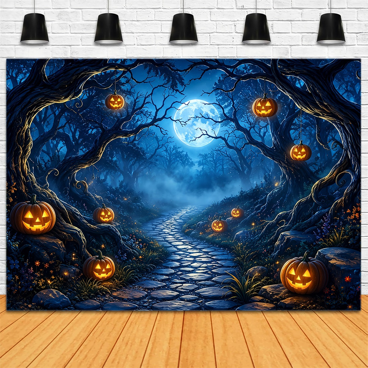 Halloween Spooky Backdrop Moonlit Pumpkin Forest Path Spooky Halloween Backdrops ZTT67-44