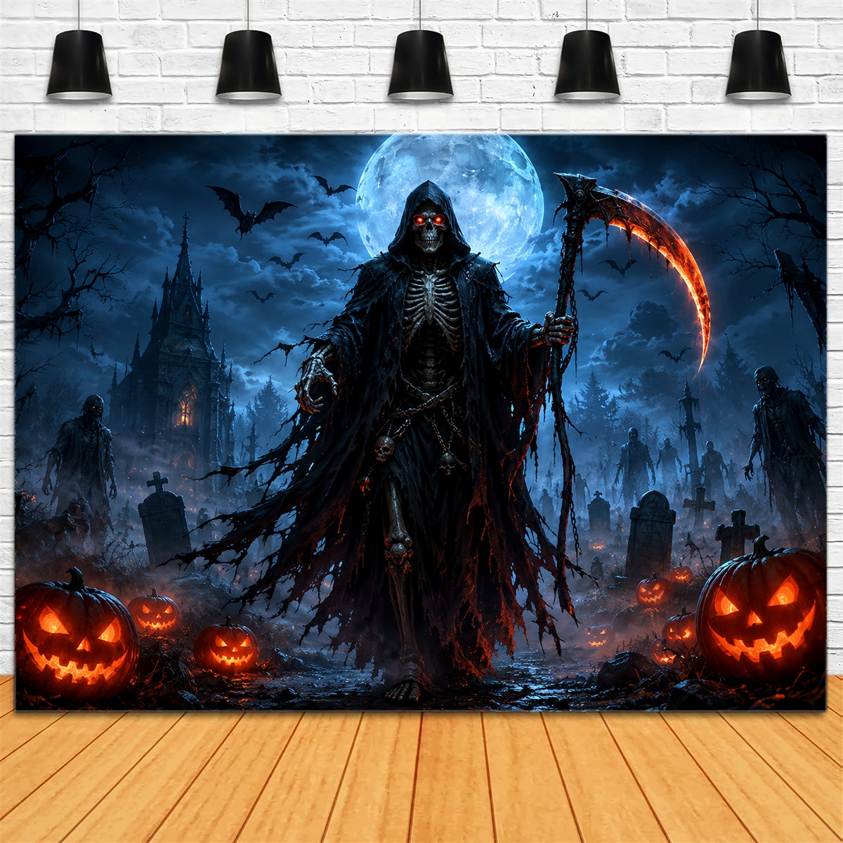 Halloween Garage Backdrop Moonlit Reaper Pumpkin Graveyard Backdrops For Halloween ZTT67-45