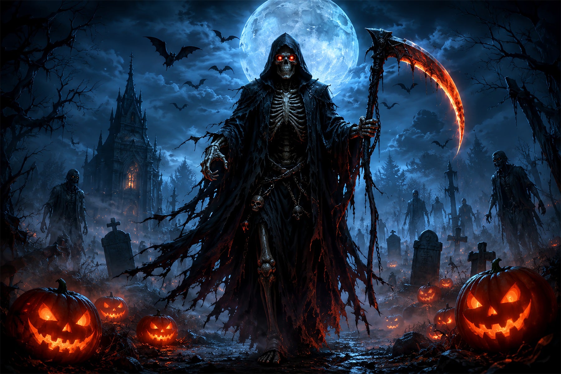 Halloween Garage Backdrop Moonlit Reaper Pumpkin Graveyard Backdrops For Halloween ZTT67-45