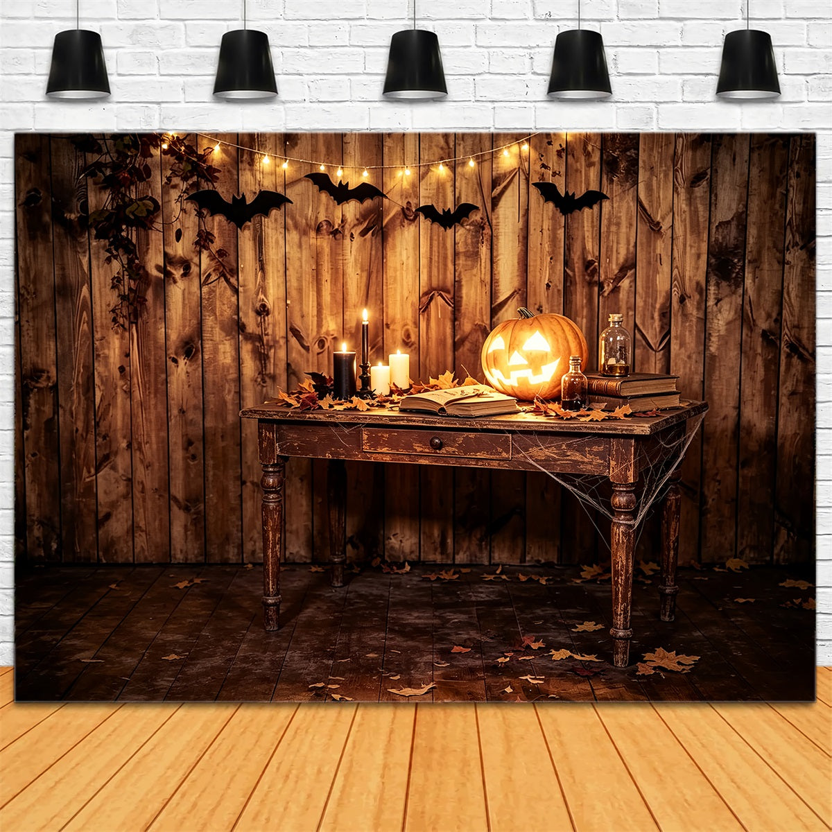 Halloween Picture Backdrops Rustic Pumpkin Candle Table Halloween Birthday Backdrop ZTT67-46