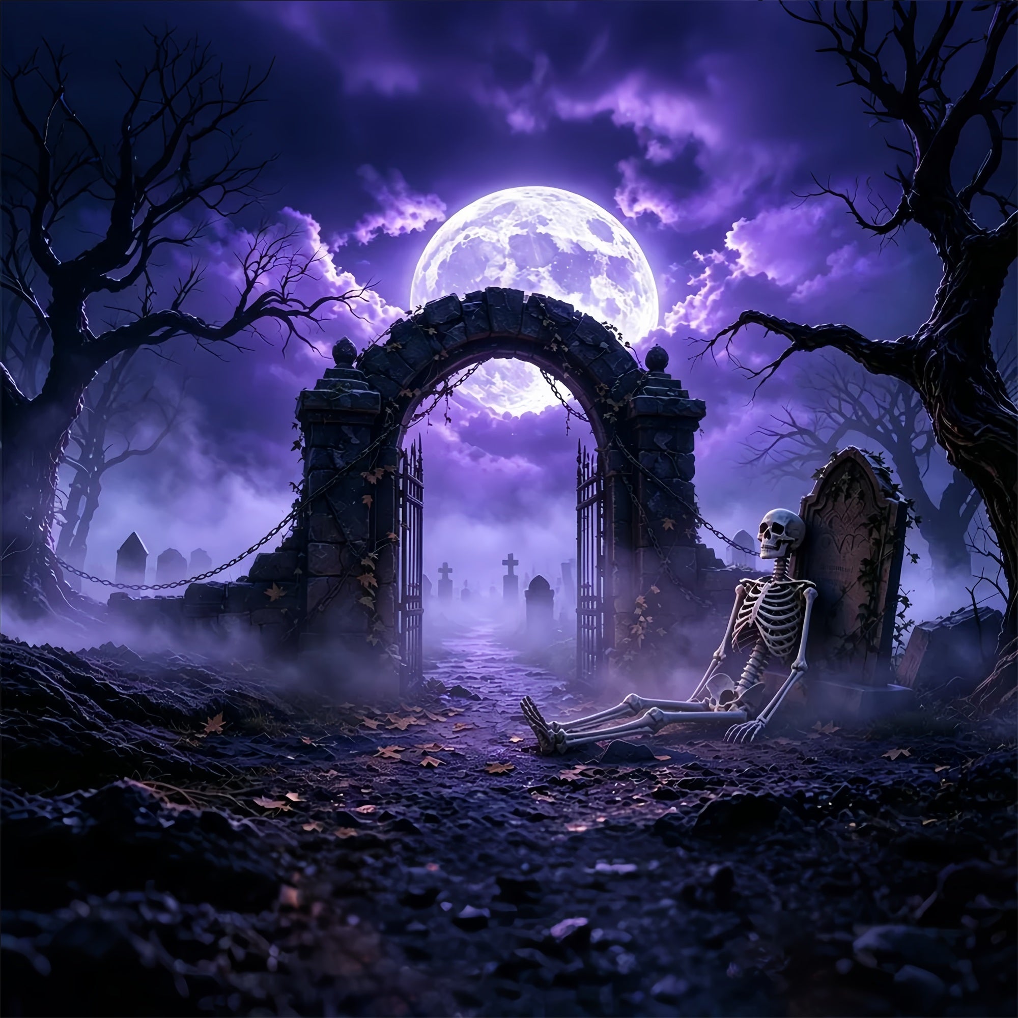 Scary Halloween Backdrop Ideas Purple Moon Skeleton Graveyard Halloween Photoshoot Backdrop ZTT67-48