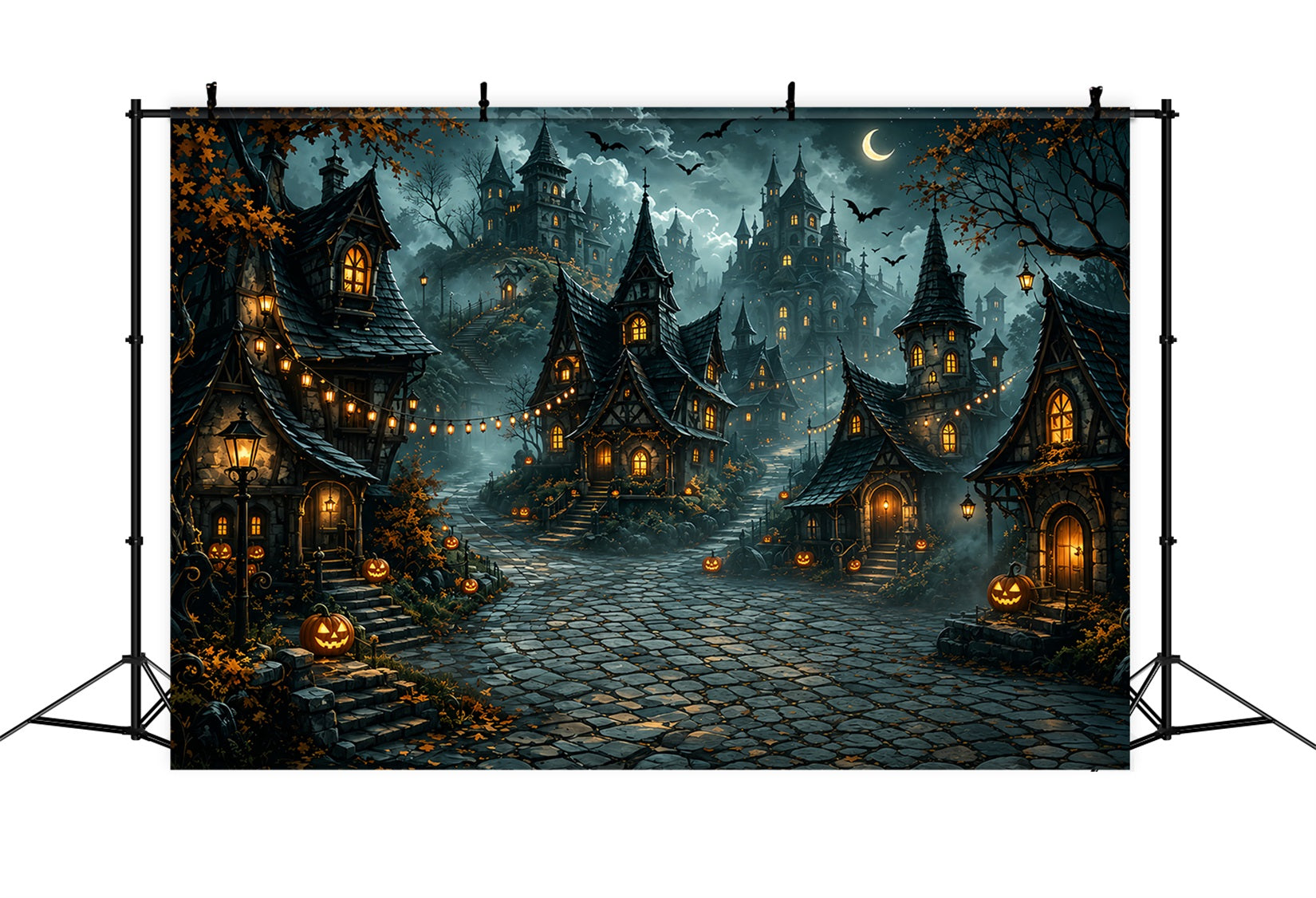Fabric Halloween Backdrop Crescent Moon Pumpkin Village Halloween Backdrop For Pictures ZTT67-49