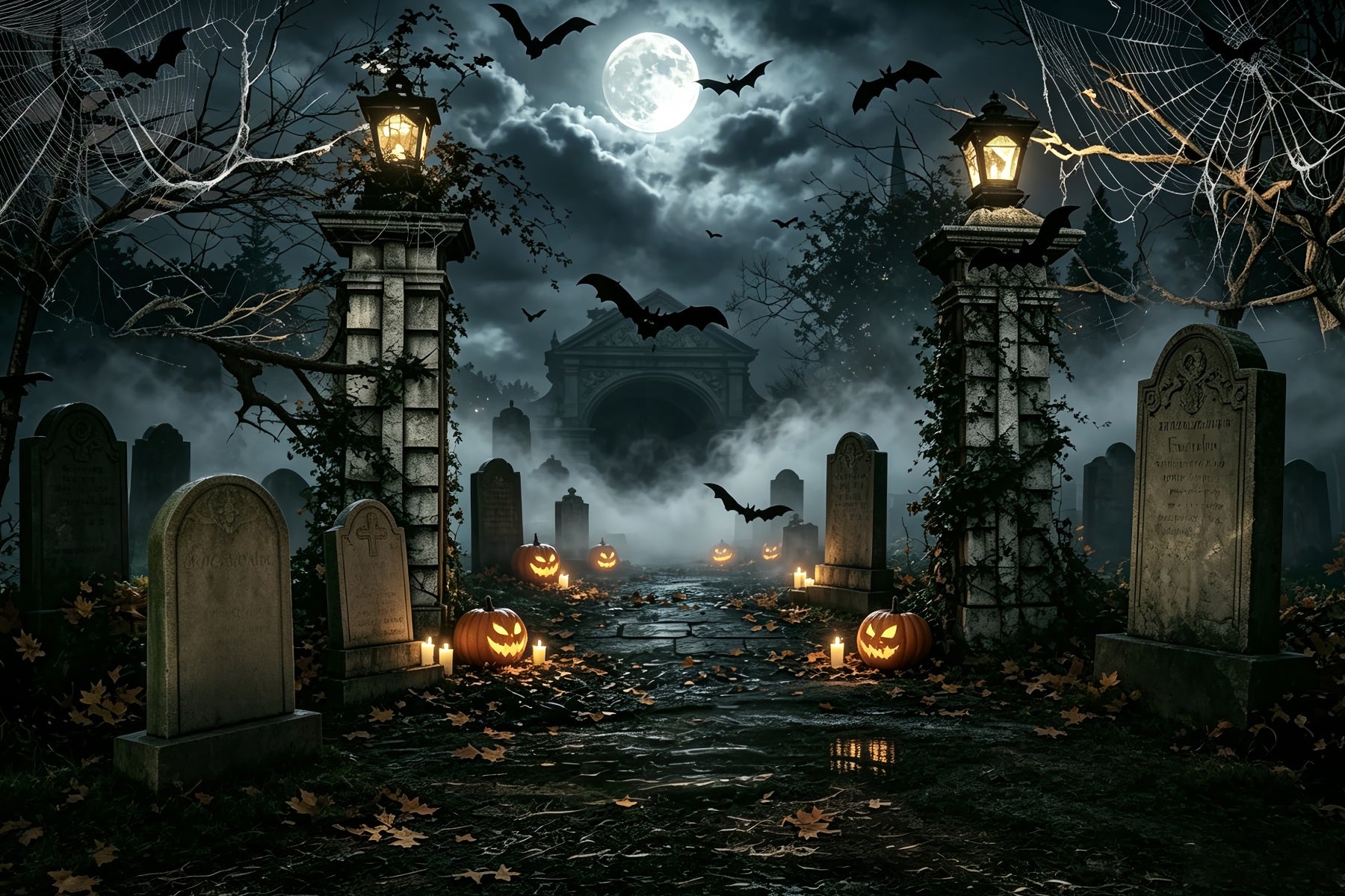 Halloween Balloon Backdrop Spiderweb Pumpkin Cemetery Entrance Halloween Themed Backdrop ZTT67-50