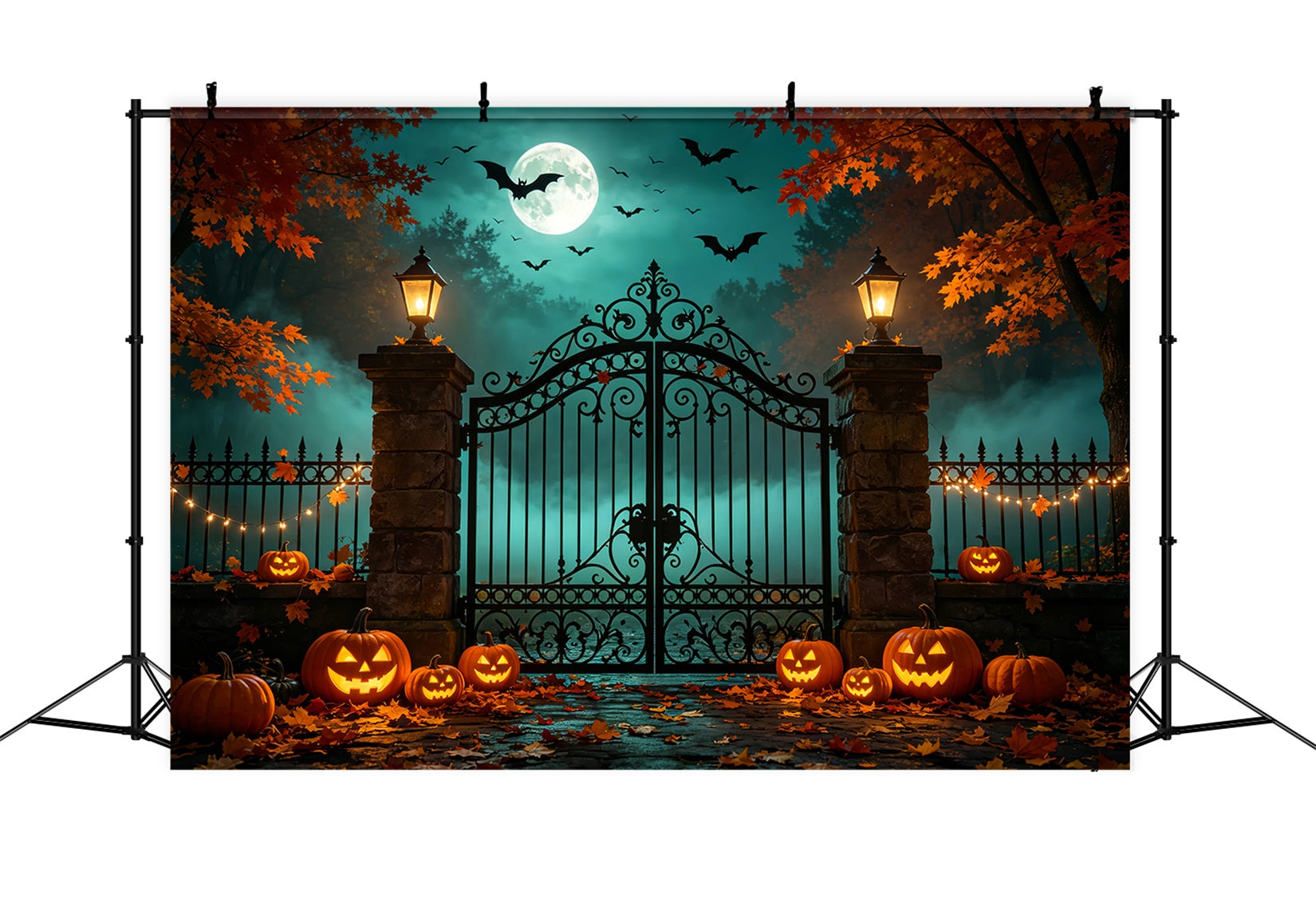 Halloween Backdrop With Pumpkins And Bats Autumn Iron Gateway Diy Halloween Photo Booth Backdrop ZTT67-53