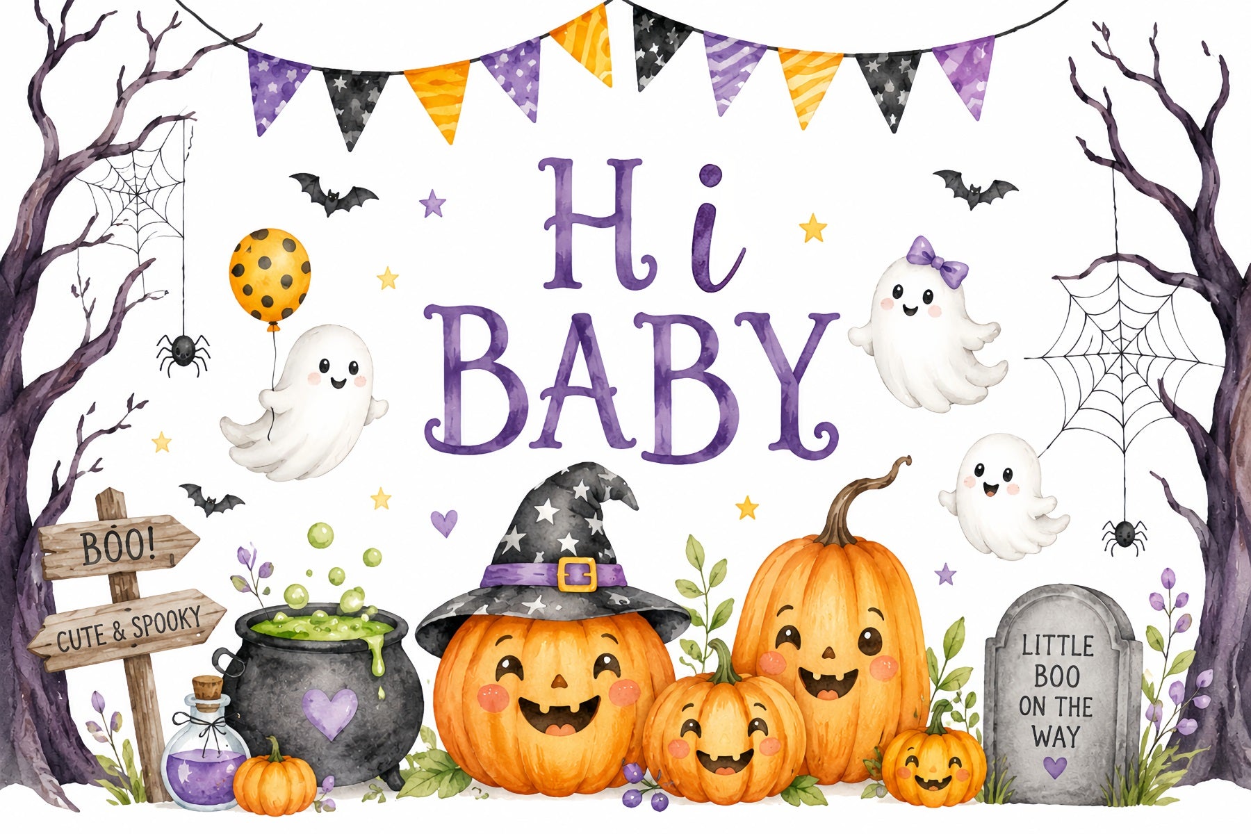 Halloween Baby Shower Backdrop Cute Ghost Pumpkin Gathering Photography Halloween Backdrop ZTT67-6