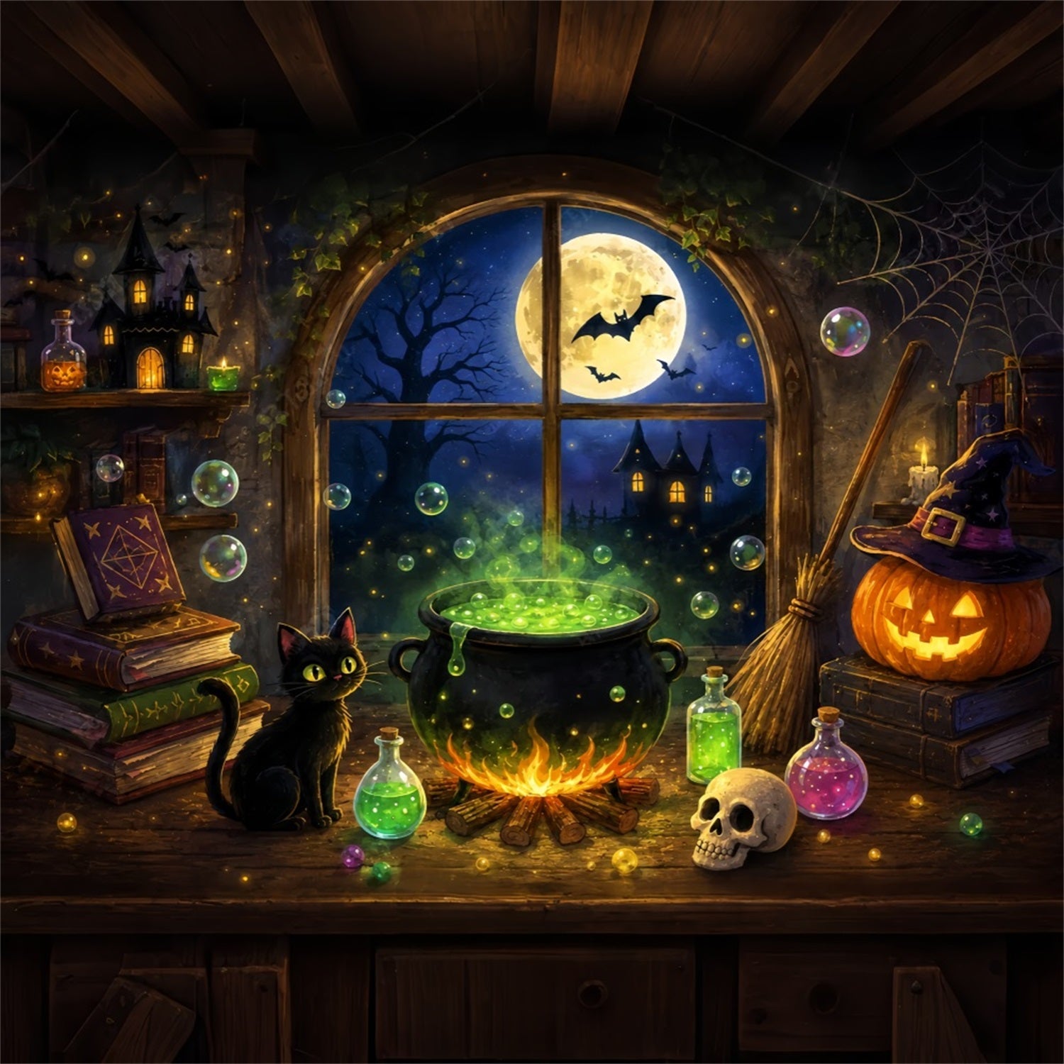 Witches Kitchen Backdrop Moonlit Witch Cauldron Cottage Simple Halloween Backdrop ZTT67-62