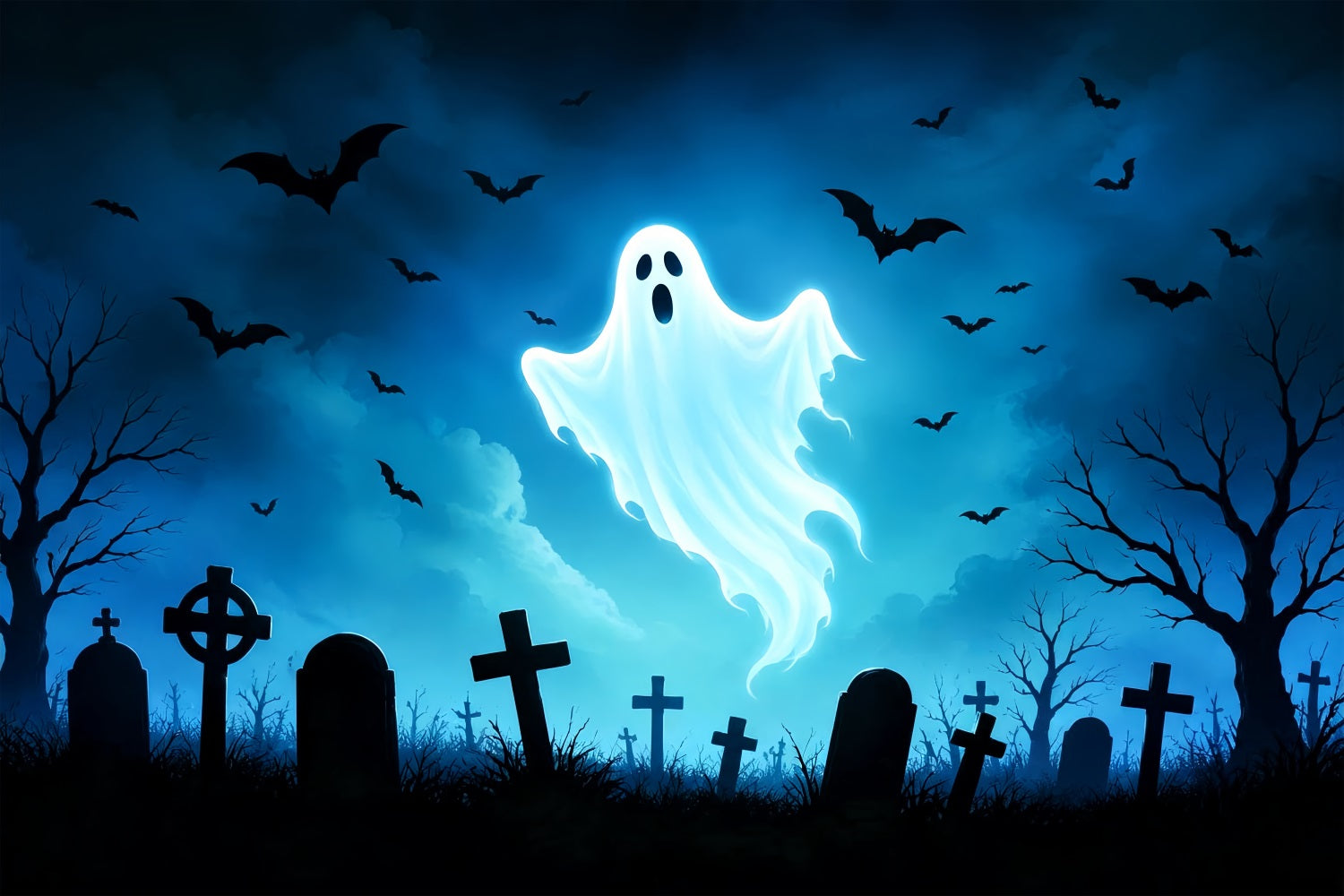 Ghost Stained Glass Backdrop Glowing Ghost Bat Graveyard Cool Halloween Backdrops ZTT67-66