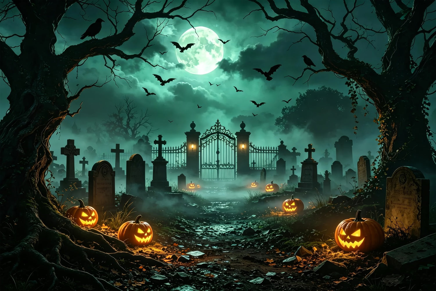 Dog Halloween Backdrop Moonlit Pumpkin Cemetery Gate Easter Tomb Backdrop ZTT67-67