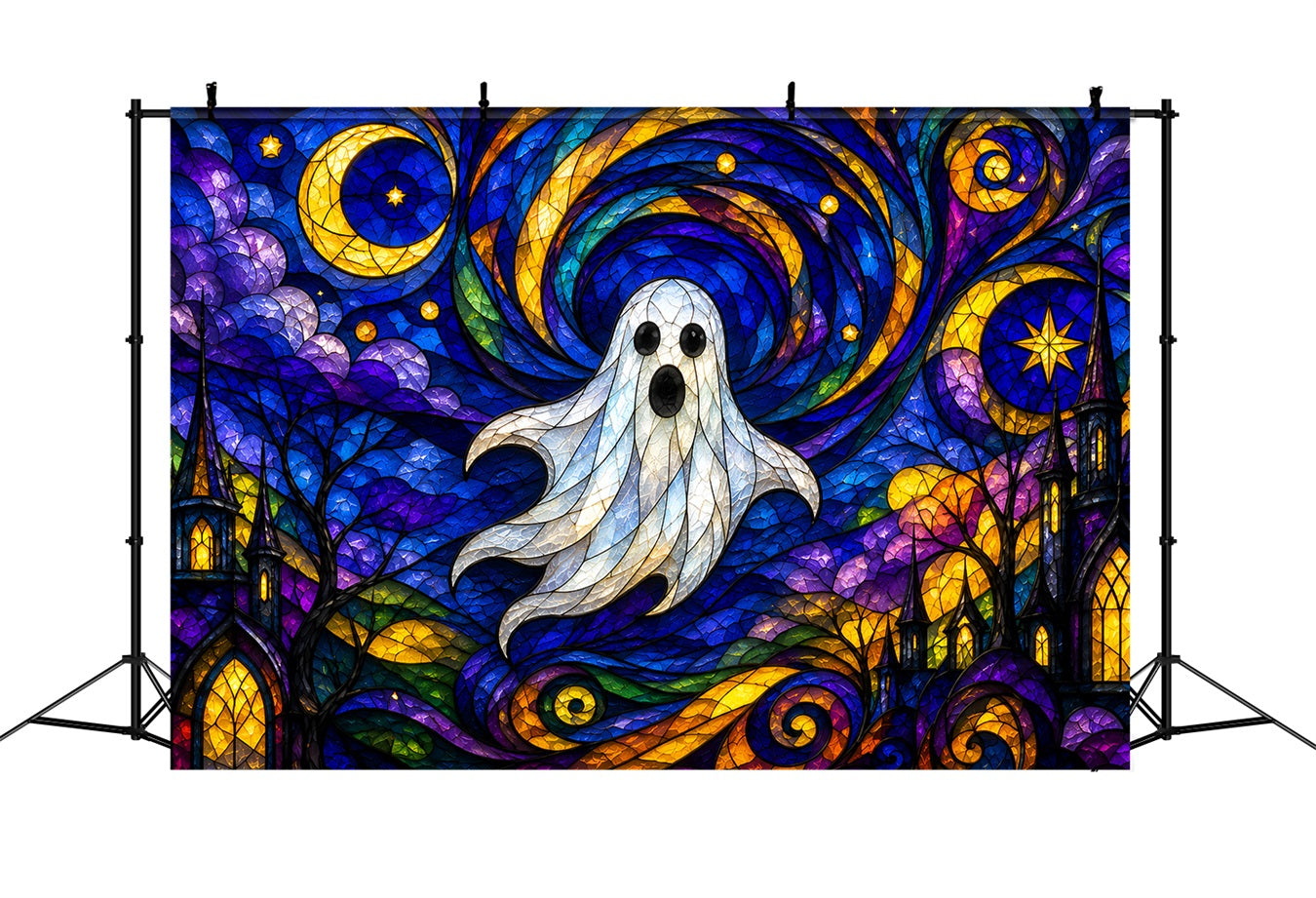 Ghost Stained Glass Backdrop Tapestry Moonlit Cute Ghost Photobooth Halloween Photo Booth Backdrop ZTT67-68