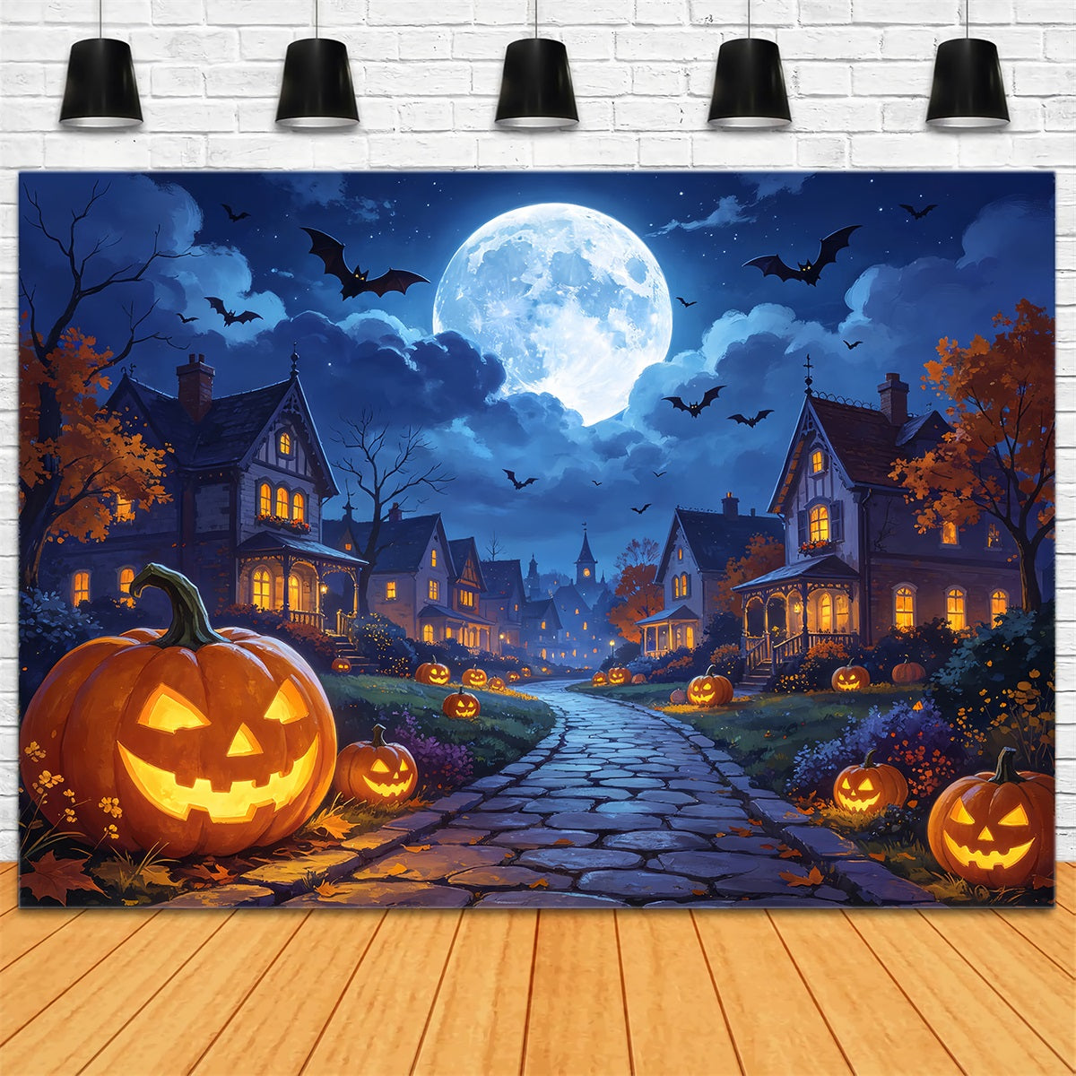 Photography Backdrops Halloween Moonlit Pumpkin Village Road Halloween Town Backdrop ZTT67-7