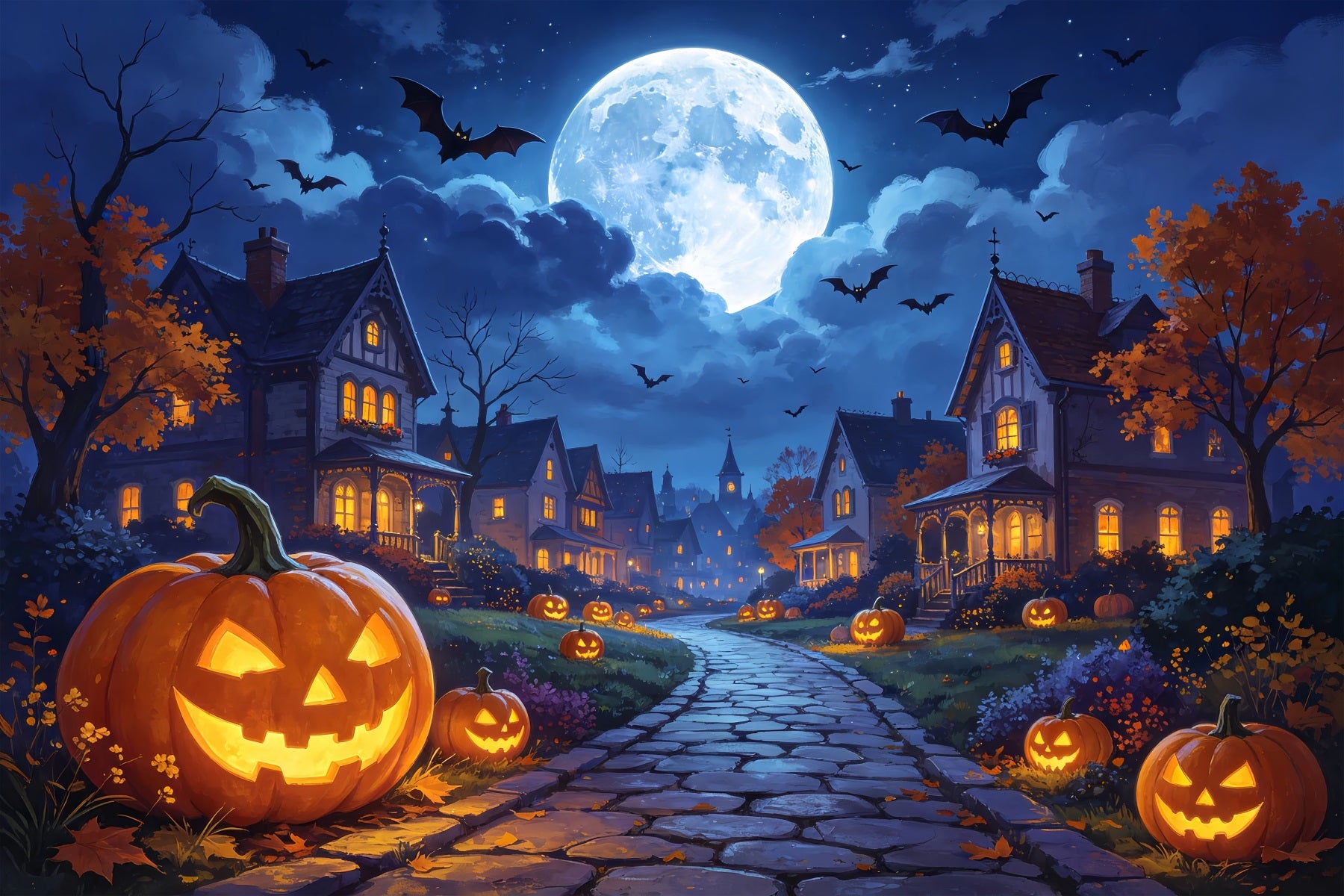 Photography Backdrops Halloween Moonlit Pumpkin Village Road Halloween Town Backdrop ZTT67-7