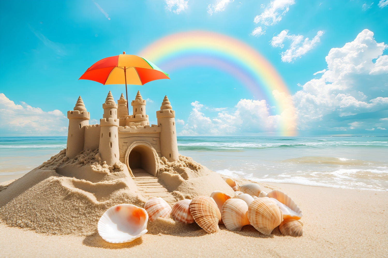 Summer Backdrops Rainbow Sandcastle Seashell Beach Backdrop ZXY3-13