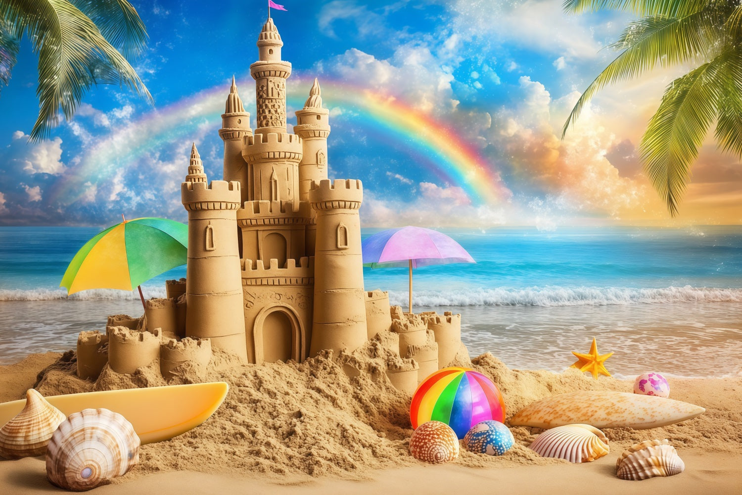 Tropical Beach Backdrop Tropical Castle Rainbow Summer Backdrop ZXY3-14